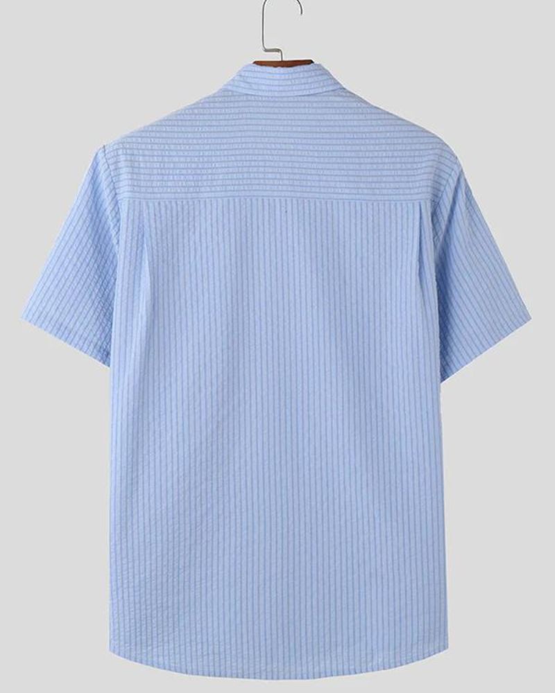 Men's Light Blue Striped Short Sleeve Shirt